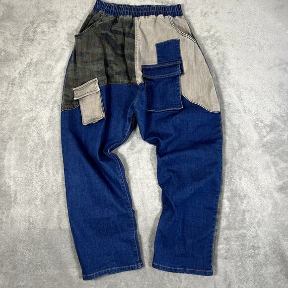 Labijou Women’s S Camo Patchwork Jeans Elastic Waist Y2K Style Cargo Streetwear - Picture 1 of 12